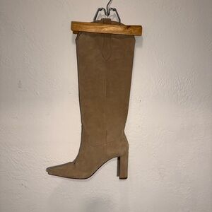ZARA Tan Split Suede Block Heel Western Boots - Size 40